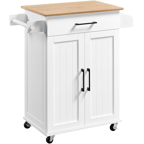 Yaheetech Kitchen Storage Trolley on Wheels With Bamboo Worktop, Rolling Kitchen Island Cart With Towel & Spice Rack for Dining Rooms, White
