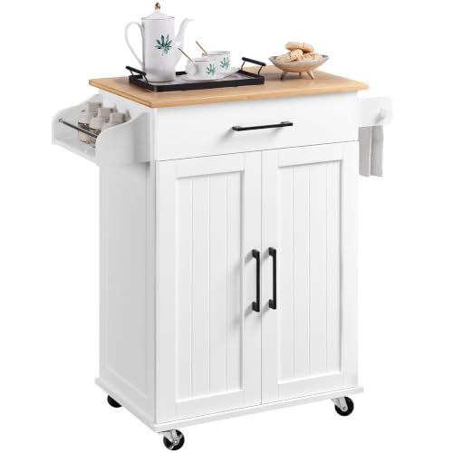 Yaheetech Kitchen Island Storage Trolley Cart with Bamboo Worktop White