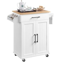 Yaheetech Kitchen Island Storage Trolley Cart with Bamboo Worktop White
