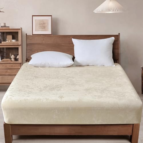 "PHF Truly Velvet Fitted Sheet Only Full Size, Luxury Super Soft Cozy Fuzzy Fleece Bottom Sheet, Deep Pocket Up to 16"",Strenghth Elastic Band, Suitable for Fall Winter Spring, No Pillowcases, Sand"