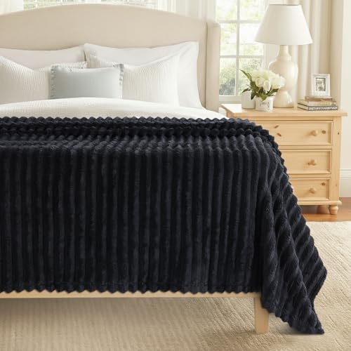 decorUhome Black Fleece Queen Blanket 90x90 Inches - Soft Fleece Bed Cozy Fluffy Plush Flannel Large Striped Throws for Couch Sofa, Decorative Fuzzy Blanket for Woman