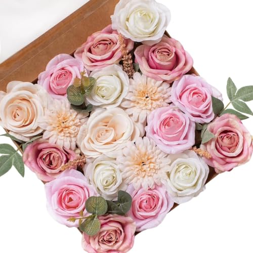 FANKO Artificial Flowers for DIY, Pink Blush Ivory Pale Peach Faux Flowers Bouquet, Fake Flowers with Roses Daisy Silk Flowers for Vase, Home Decor, Wedding Centerpiece, Floral Arrangement D??cor