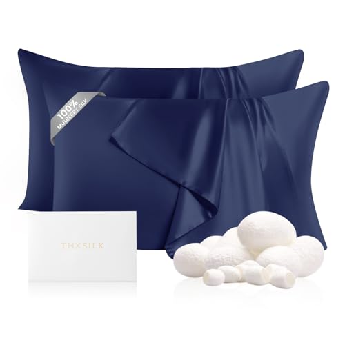 "THXSILK Set of 2 100% Pure Mulberry Silk Pillowcase for Hair and Skin - Upgraded Real 22 Momme Grade 6A+ Silk - Durable, Soft and Anti-Aging Silk Pillow Cases (King 20""x36"", Navy Blue)"
