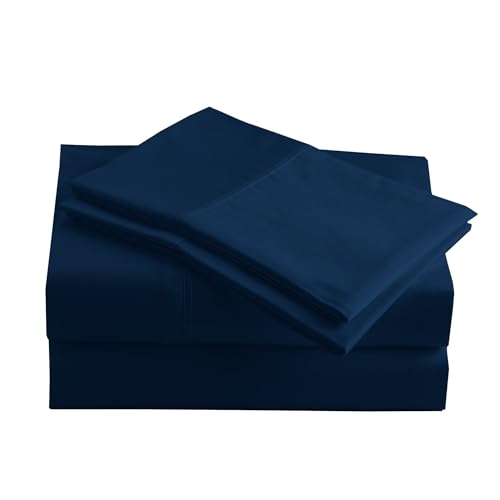 Peru Pima 415 Thread Count Percal California King Sheet Set - 100% Peruvian Pima Cotton, 4 Piece (Flat, Fitted, 2 Pillowcases) - Cooling, Crisp, Deep Pocket, Hotel Quality Bedding - Navy Blue