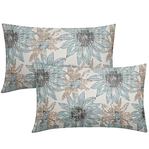Light Blue and Brown Pillow Covers 12x20 Set of 2 Retro Sunflower Flowers Print Decorative Throw Pillows Outdoor Modern Art Floral Pillowcase Lumbar Linen Cushion Case for Home Sofa Couch Bed