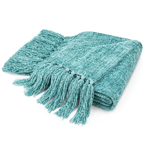 Pavilia Teal Green Throw for Couch & Bed, Chenille Knit Woven Blanket with Tassel, Decorative Textured for Living Room, Teal Green 60x80