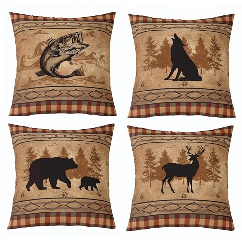 "Feelyou Bear Throw Pillow Covers 20""x20"" Set of 4 Soft Rustic Fish Cushion Case Deer Decor Pillowcase Farmhuse Wolf Brown Indoor Outdoor"