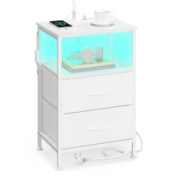 SONGMICS Bedside Table with Charging Station, Side End Table with App-Controlled Adjustable LED Lights, Modern basic, 1 Shelf, 2 Drawers, Cloud White and Matte White BELLAH Collection LGS302WH02