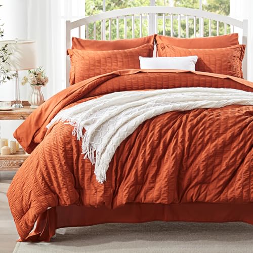 King Size Comforter Set 7 Piece Burnt Orange Bed in a Bag King Bedding Sets - Zzlpp Seersucker OEKO-TEX Certified Down Alternative Comforter with Breathable sheets&pillowcases,Lightweight,All Season