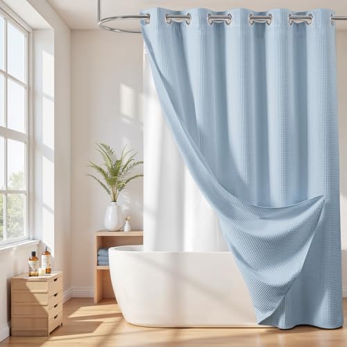River Dream Cotton Blend No Hook Shower Curtain with Liner, Blue, 71x74 - with Snap in Liner, Heavyweight Waffle Fabric, Hotel Grade for Bathroom, Water Repellent, Corner Magnets, Machine Washable