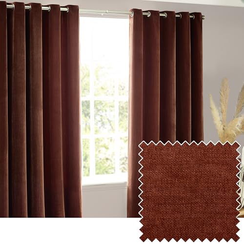 Yard Heavy Chenille Eyelet Curtain Pair – Lined Room Darkening, Soft Velvet Home Décor (Nutmeg - Width 229 x Drop 229cm)