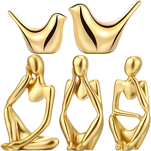 5 Pcs Gold/Black/White Decor Accents Set Resin Thinker Statue Decor Small Bird Figurines Abstract Decorative Modern Collectible Sculpture for Home Office Bookshelf Living Room Desktop Decor(Gold)
