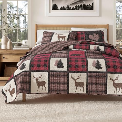 Great Bay Home twin/twin XL bed cover with 1 pillowcase, 2-piece reversible all-season chalet style, rustic Stonehurst collection, red/black
