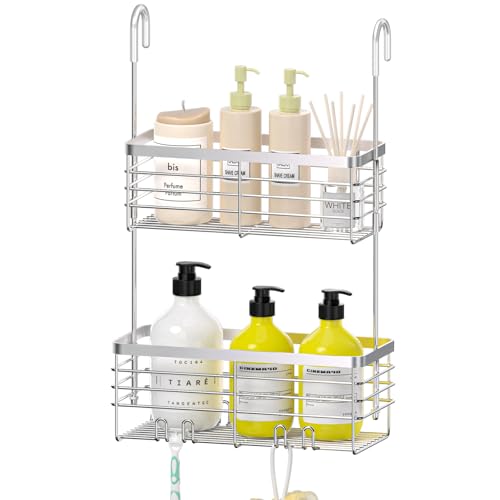 DELLAN Hanging Shower Organizer, 2-Tier Shower Rack with Hooks Over the Door, Bathroom Shower Caddy and Basket