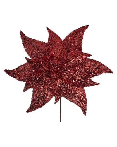 WeRChristmas Red Sequin Artificial Poinsettia Flower, 30cm - 30cm red sequin poinsettia with layered petals and stem for Christmas trees, wreaths, garlands and festive arrangements