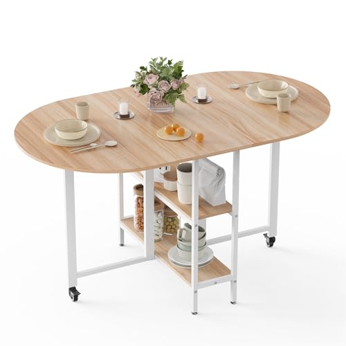 Mondeer Folding Dining Table for 4 People, 140cm Drop Leaf Table, Oak