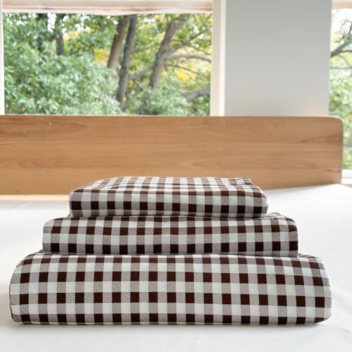 NSNLGSGC Mocha Gingham Queen Sheet Set - Soft Brushed Microfiber, Mocha Gingham, 4-Pieces, Deep Pocket