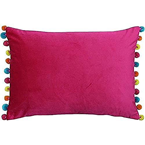 Paoletti Fiesta Rectangular Cushion Cover ??? Faux Velvet with Pompom Edges (Hot Pink/Multi ??? 35 x 50cm)