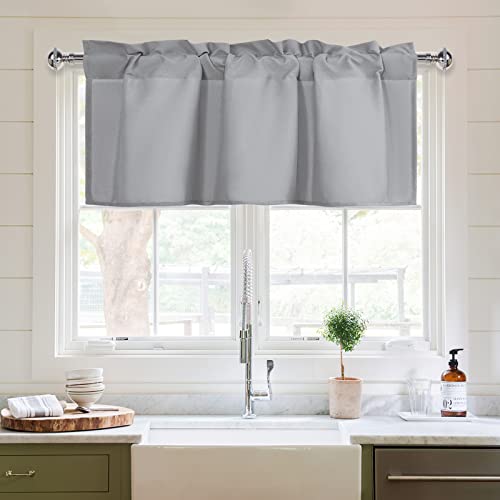 XWZO Kitchen Valances Curtains for Windows Living Room Bedroom Bathroom Toppers Farmhouse Style Rustic Dinning Room Thermal Insulated Rod Pocket, W42 x L18 Inch Length, Silver Grey, 1 Panel