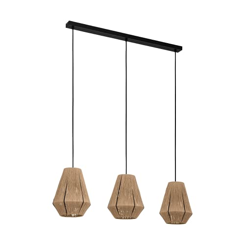 Eglo Pendant Lighting Alderney, Ceiling Light Fitting with 3 Shades, Textile Hanging lamp for Dining and Living Room Made of Natural Hemp and Black Metal, E27 Socket