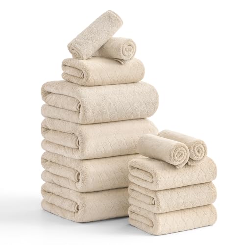 Hailea Luxury Bath Towels Set - 12 Piece (4 Large Bath Towels,4 Hand Towels,4 Washcloths), 100% Microfiber,Extra Absorbent Super Soft & Quick Dry,Complete Family Pack for Bathroom Gym Pool,Camel