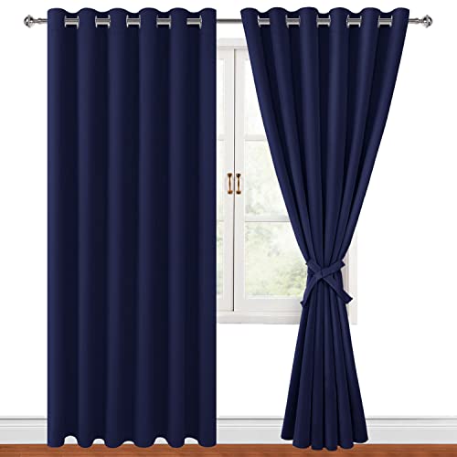 Hiasan Grommet Blackout Curtains for Bedroom, 70 x 84 Inches - Thermal Insulated & Light Blocking Window Drapes for Living Room/Dorm Room, Set of 2 Panels Sewn with Tiebacks, Navy Blue