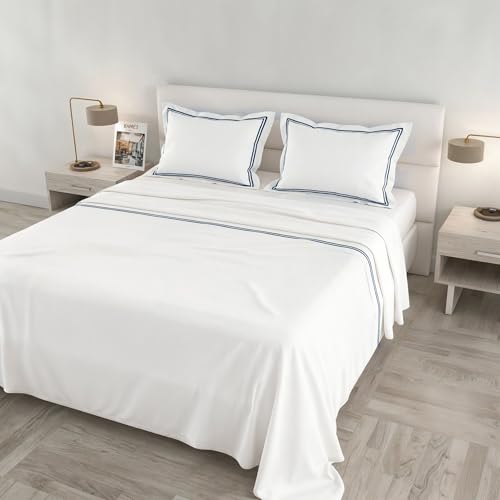 Venus Double Maxi Bed Set, 100% Cotton, Made in Italy – White Bedding Set, 2 Pillowcases with Ruffles, Double Bourdon, Top Sheet 260 x 300 cm, Bottom Sheet 180 x 200 cm – Blue