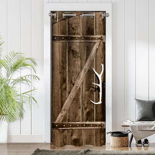 "Barn Wood Door Curtains for Doorways, Rustic Village Art Antique Country Blackout Curtain for Kids Bedroom Closet, Grommet Thermal Insulated Privacy Door Drapes for Room Divider, 34""W x 80""L"