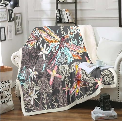 Feelyou Dragonfly Sherpa Blanket 40x50 Inches Botanical Floral Fleece Throw Blanket for Kids Girls Teens Women Bedroom Decor Nature Animals Branches for Sofa Bed Couch Grey