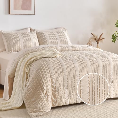 Boho Bedding Comforter Sets???bed in a bag beige Luxury Queen Size Comforter Set???Shabby Chic Aesthetic Bedding for Bedroom Comforter???Fluffy 7 pc Ruffle Comforter Set with Pillow and Coquette Bed Sheets