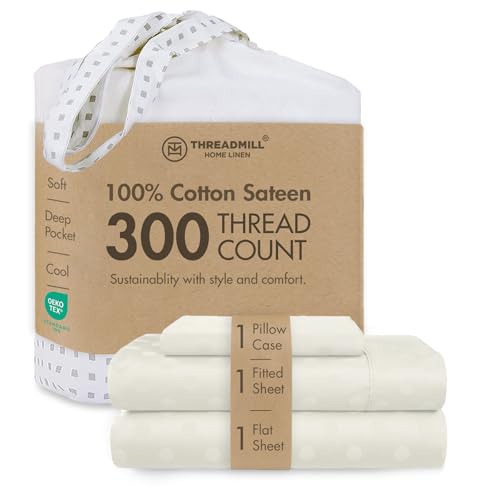 Threadmill Cotton Twin Sheet Set - 100% Cotton Sheets for Twin Size Bed - Damask Jacquard Sateen Twin Bed Sheets Set with 16??? Deep Pocket - Soft Breathable 3-Piece Cooling Sheet Set - Ivory