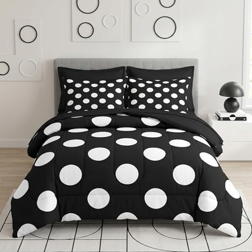 Pamnest Twin Comforter Set with Sheets, 5 Pieces Polka Dot Bedding - Bed in A Bag for All Season, Black and White for Kids and Adults, Pillowcase & Sham