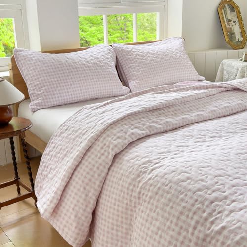 NSNLGSGC Pink Gingham King Summer Bedspread Quilt Set - Pre-washed Microfiber,Lightweight Checked Grid Bedding Coverlets for All Seasons