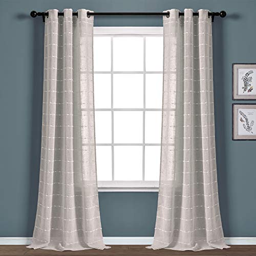 "Lush Decor Farmhouse Textured Grommet Sheer Window Curtain Panel Pair, 38"" W x 95"" L, Gray"