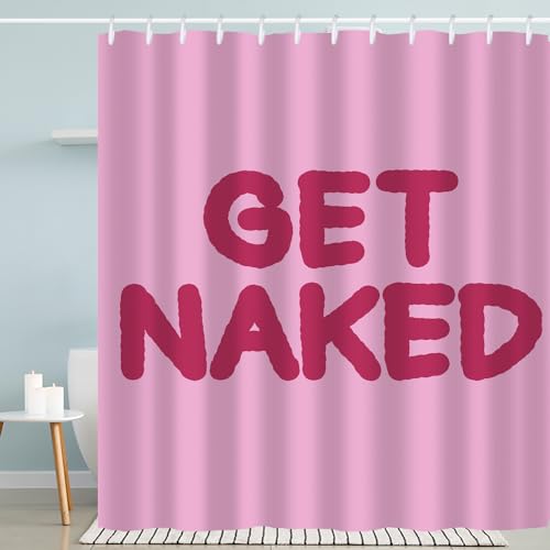 Hongma Pink Get Naked Shower Curtain, Simple Funny Letters Print 72x72 Inch Shower Curtains with Hooks Waterproof Polyester Decorative Bath Curtain for Bathroom Decor