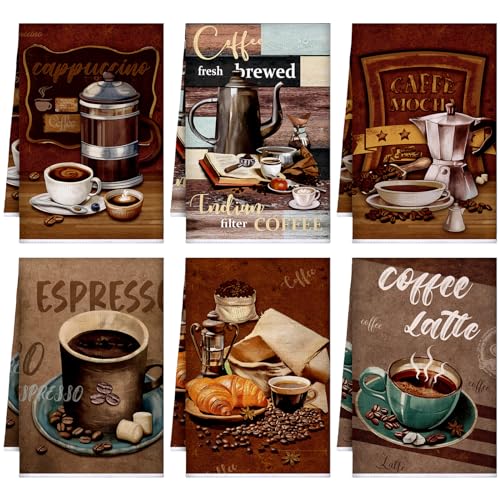 Boyiee Set of 6 Absorbent Dish Towels - 24 x 16 Inches Retro Coffee Hand Towels for Coffee Bar Decor Lovers Gifts Kitchen Room Decoration