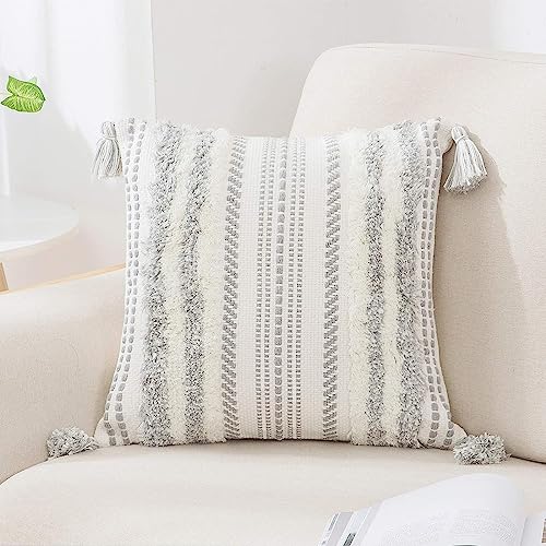 decorUhome Grey and Cream White Throw Pillow Cover 20x20 Pack of 1 - Decorative Boho Accent Pillow Cover Neutral Modern Farmhouse Tufted Textured Pillow Cover for Couch Bed Sofa