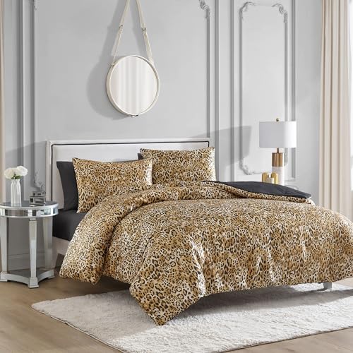 Juicy Couture Full/Queen Leopard Satin Duvet Cover Set - Cheetah Print 3-Piece Machine Washable Reversible Animal Print Bedding Duvet Cover and Sham Set