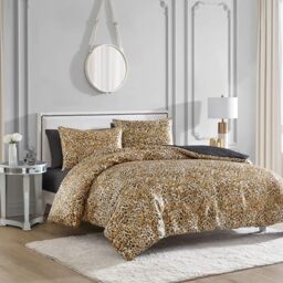 Juicy Couture Full/Queen Leopard Satin Duvet Cover Set - Cheetah Print 3-Piece Machine Washable Reversible Animal Print Bedding Duvet Cover and Sham Set