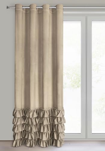 Eurofirany Carli Velvet Curtain with Ruffles, Velvet Curtain with Eyelets, Opaque Blackout Curtain for Living Room, Bedroom, 140 x 250 cm, Dark Beige