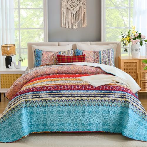 "WONGS BEDDING Bohemian Quilt Set Full, Boho Striped Pattern Printed Quilt Coverlet for All Season, Soft Microfiber Boho Bedspread Set 78""x90""(3 Pieces, Full)"