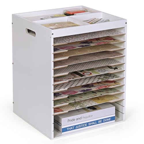 Frjjthchy Wood Scrapbook Paper Storage, 12x12 Paper Storage Organizer with Adjustable Shelves and Extraction Slot, 12 Tier Desk File Organizer Rack Letter Mail Tray for School Office Home