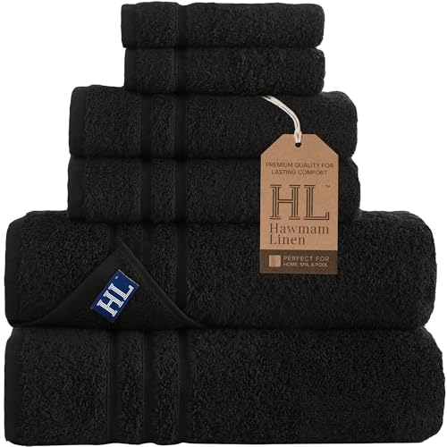 Hawmam Linen Black 6 Pack Bath Towels Sets Linen for Bathroom Original Turkish Cotton Soft, Absorbent and Premium 2 Bath, 2 Hand, 2 Washcloths