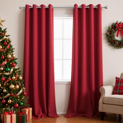 KOUFALL Red Grommet Insulated Thermal Room Darkening Blackout Curtains 52x108 Inches Long