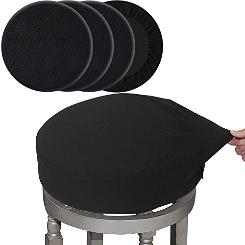 "BUYUE 4 Pcs Dia.16-18"" Round Bar Stool Covers Stretchy Washable for Upholstered Chairs, Jacquard Dustproof Stool Seat Slipcover, L-Black-Set of 4"
