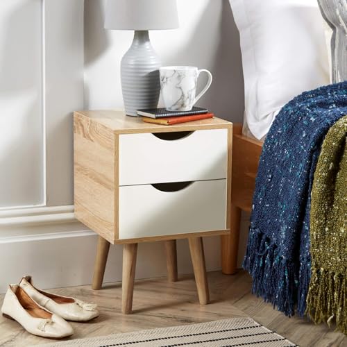 Home Source Bedside Cabinet 2 Drawer Oak Effect White Lamp Side Table Solid Wood Legs, Scandi Style