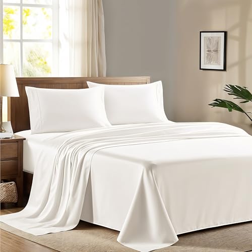 "Ashton Sheets 100% Egyptian Cotton Queen Size Sheet Set - 600 Thread Count Egyptian Cotton Sheets Set for Queen Size Bed (4 Pc, Ivory), Soft, Cooling, Luxury Hotel 16"" Deep Pocket Sateen Bedsheet"