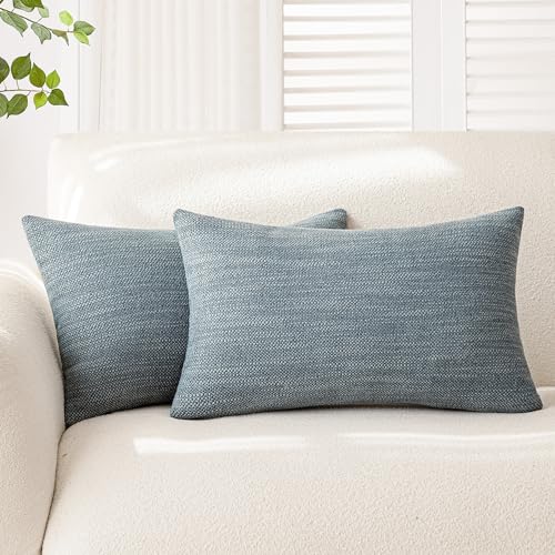Foindtower Set of 2 Decorative Textured Burlap Linen Throw Pillow Covers Farmhouse Boho Lumbar Cushion Cover Solid Accent Pillowcase for Couch Sofa Bed Living Room Home Decor,12??20 Inch,Blue Gray