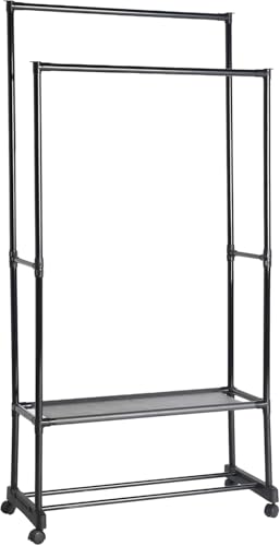 Lastdeco Donkey Clothes – Clothes Hanger – Sturdy Dressing Room with Shoe Holder – Organizer, Easy Assembly (Double Coat Rack with Wheels)