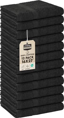 Utopia Towels - Salon Towel, Pack of 12 (Not Bleach Proof, 16x27 Inches) Highly Absorbent Cotton Towels for Hand, Gym, Beauty, Spa, and Home Hair Care, Black